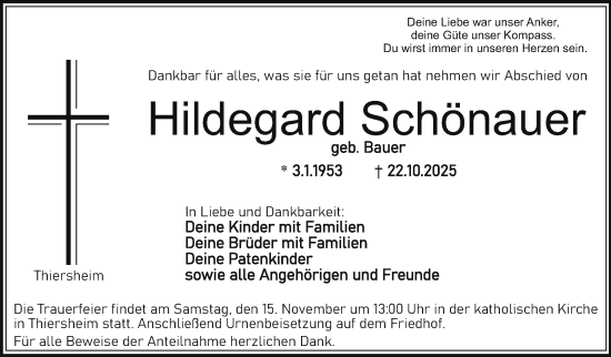 Traueranzeige von Hildegard Schönauer von Frankenpost