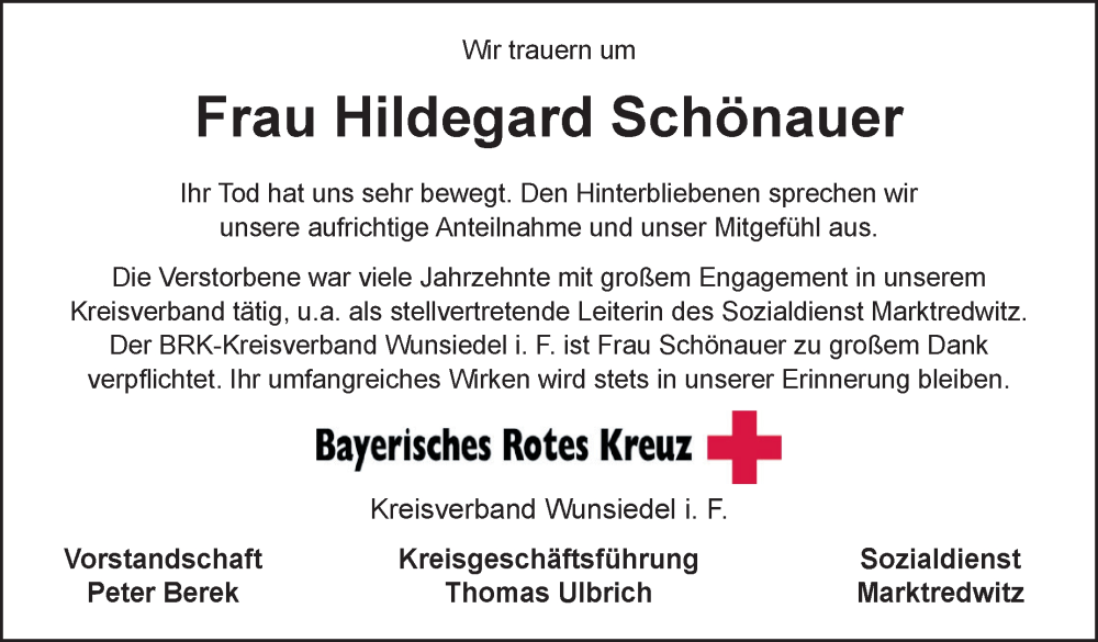  Traueranzeige für Hildegard Schönauer vom 22.11.2025 aus Frankenpost