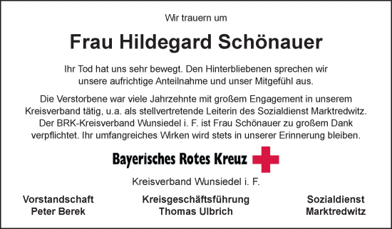 Traueranzeige von Hildegard Schönauer von Frankenpost