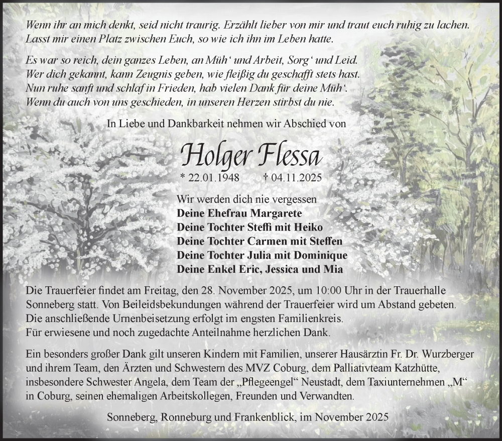  Traueranzeige für Holger Flessa vom 22.11.2025 aus Südthüringer Presse