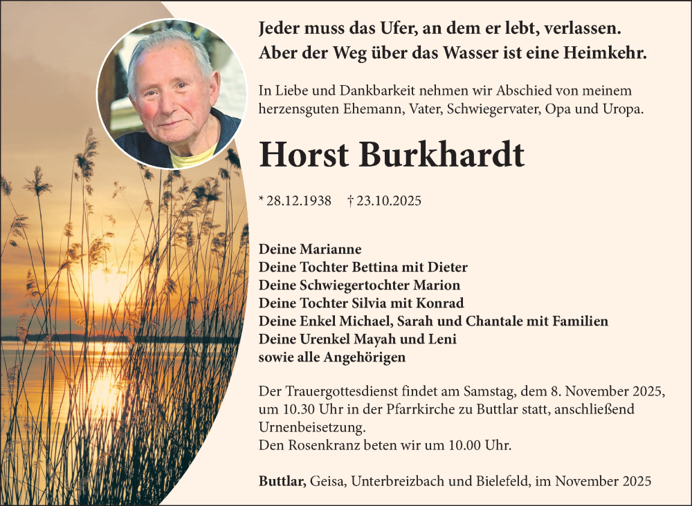  Traueranzeige für Horst Burkhardt vom 06.11.2025 aus Südthüringer Presse