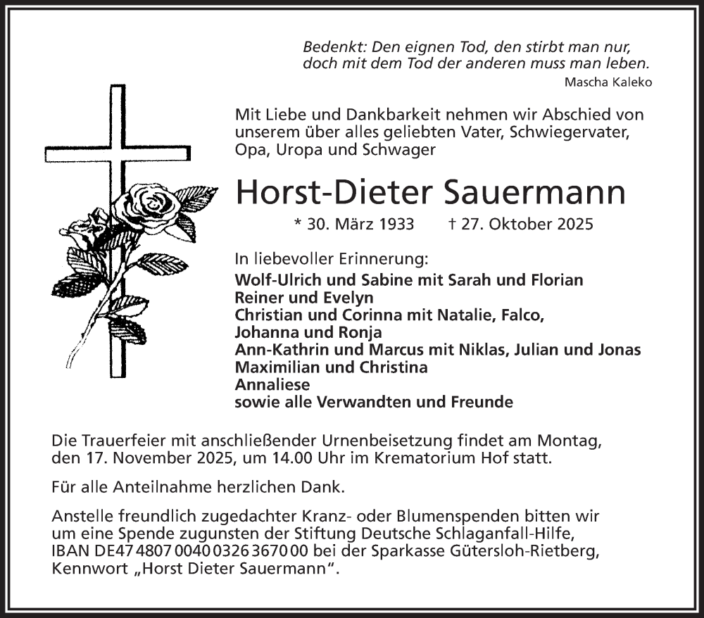  Traueranzeige für Horst-Dieter Sauermann vom 08.11.2025 aus Frankenpost