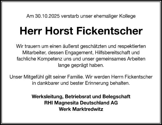 Traueranzeige von Horst Fickentscher von Frankenpost