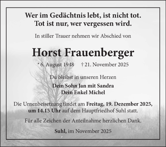 Traueranzeige von Horst Frauenberger von Südthüringer Presse
