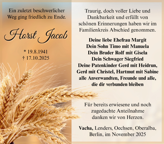 Traueranzeige von Horst Jacob von Südthüringer Presse