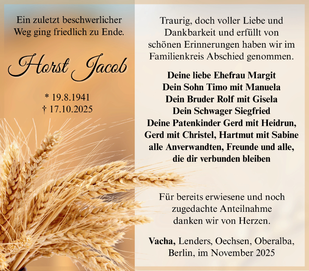  Traueranzeige für Horst Jacob vom 15.11.2025 aus Südthüringer Presse