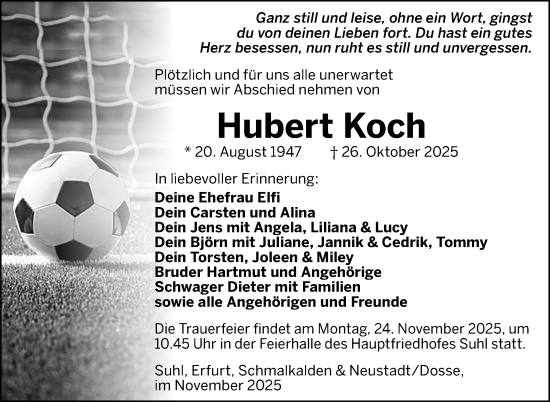 Traueranzeige von Hubert Koch von Südthüringer Presse