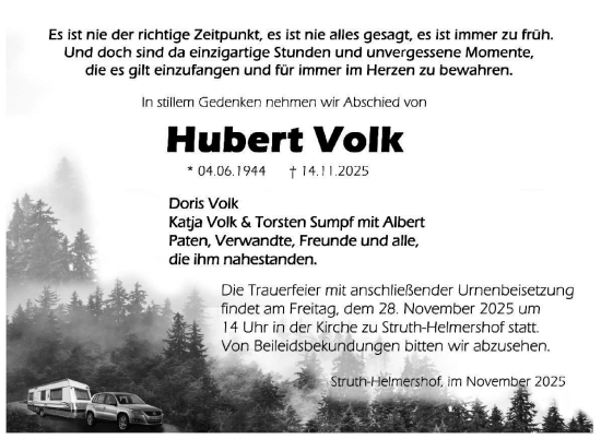 Traueranzeige von Hubert Volk von Südthüringer Presse