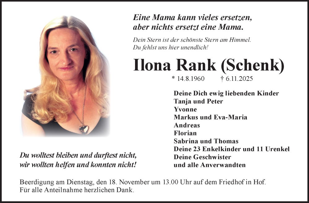  Traueranzeige für Ilona Rank vom 15.11.2025 aus Frankenpost