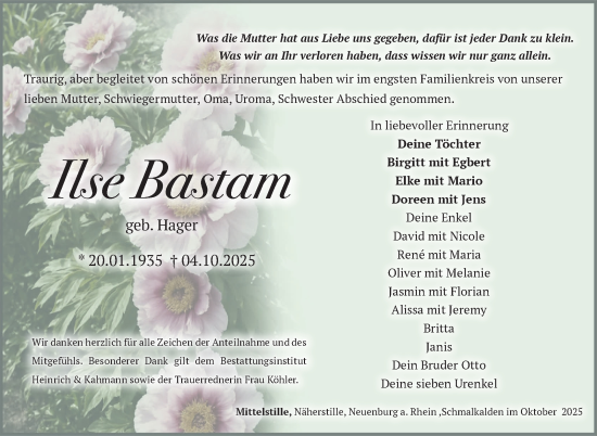 Traueranzeige von Ilse Bastam von Südthüringer Presse