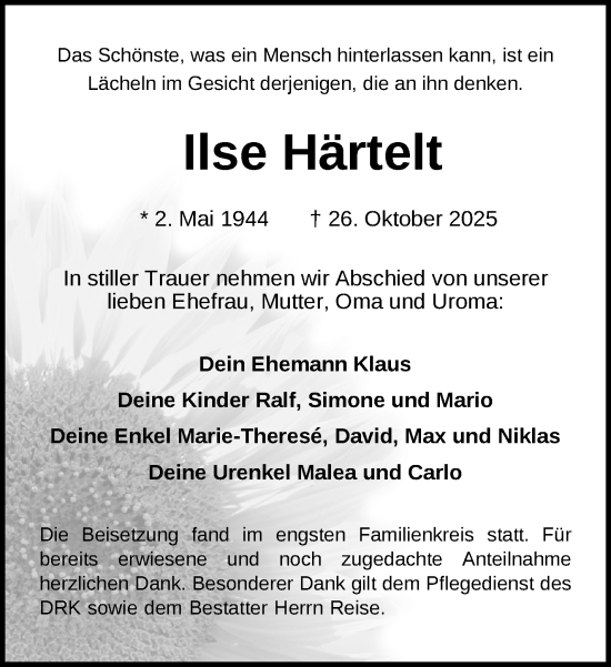 Traueranzeige von Ilse Härtelt von Südthüringer Presse
