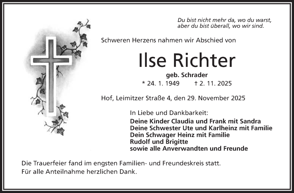  Traueranzeige für Ilse Richter vom 29.11.2025 aus Frankenpost