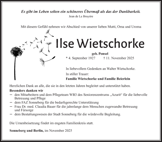 Traueranzeige von Ilse Wietschorke von Südthüringer Presse
