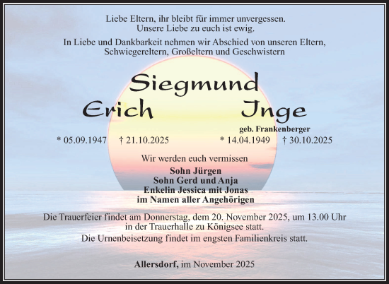 Traueranzeige von Inge Siegmund von Südthüringer Presse