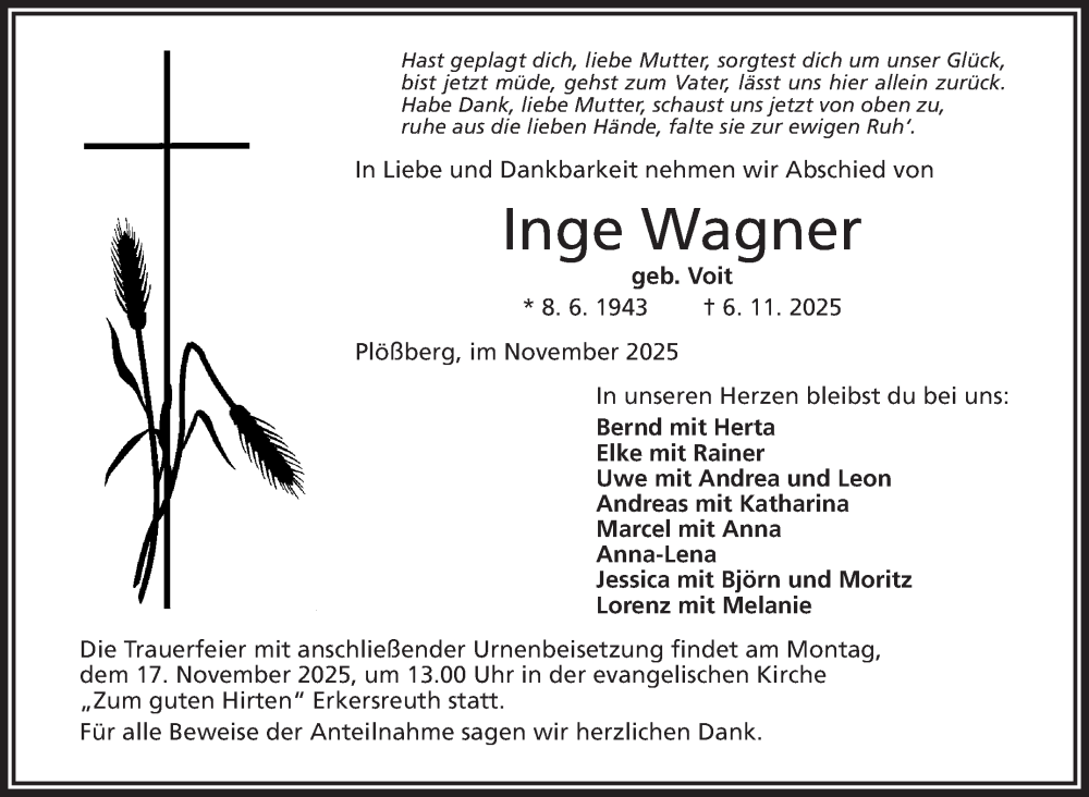  Traueranzeige für Inge Wagner vom 13.11.2025 aus Frankenpost