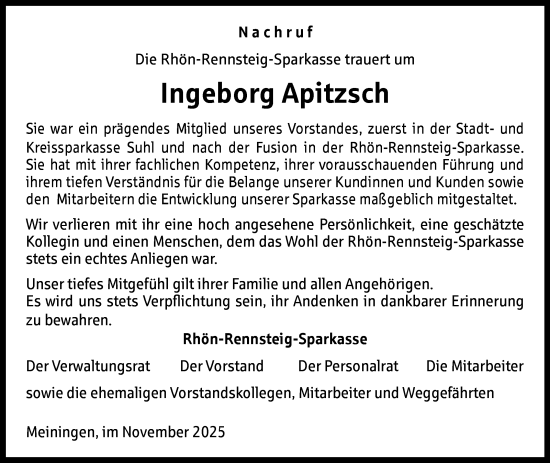 Traueranzeige von Ingeborg Apitzsch von Südthüringer Presse