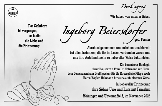 Traueranzeige von Ingeborg Beiersdorfer von Südthüringer Presse