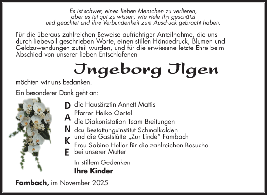 Traueranzeige von Ingeborg Ilgen von Südthüringer Presse