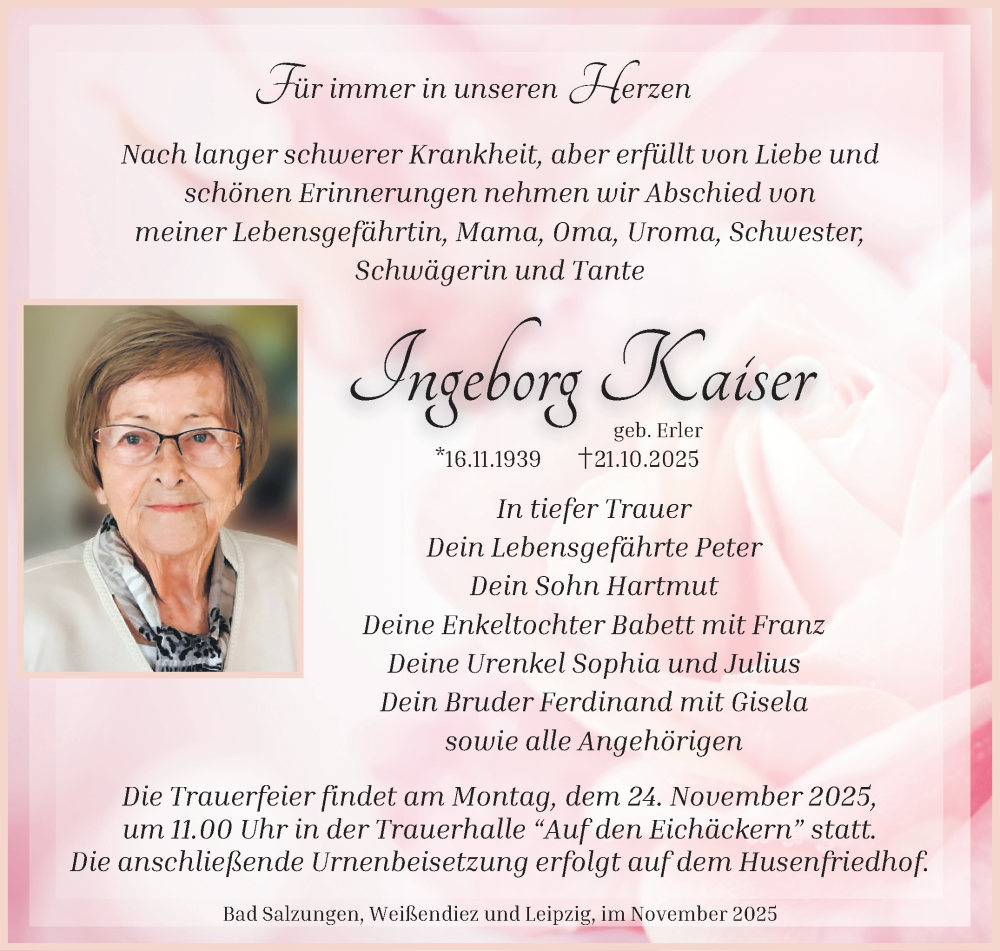 Traueranzeige für Ingeborg Kaiser vom 15.11.2025 aus Südthüringer Presse