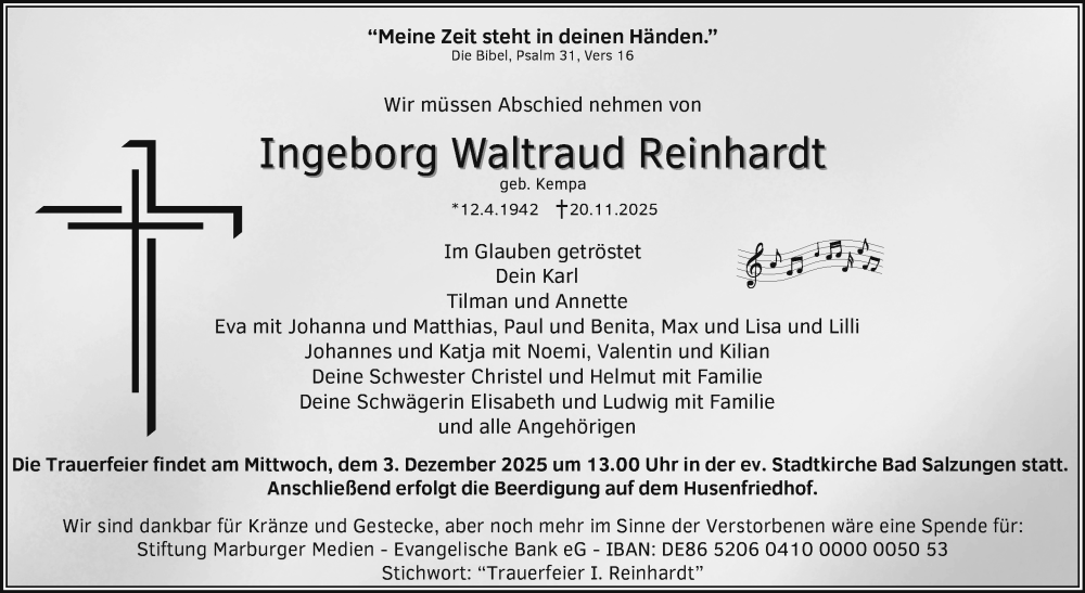  Traueranzeige für Ingeborg Waltraud Reinhardt vom 27.11.2025 aus Südthüringer Presse