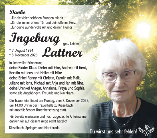 Traueranzeige von Ingeburg Lattner von Südthüringer Presse