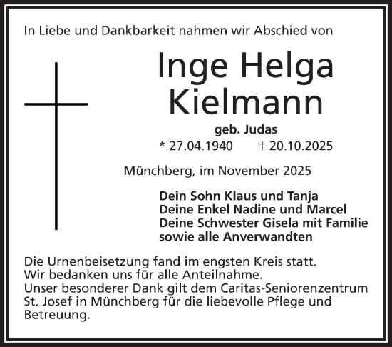 Traueranzeige von Inge Helga Kielmann von Frankenpost