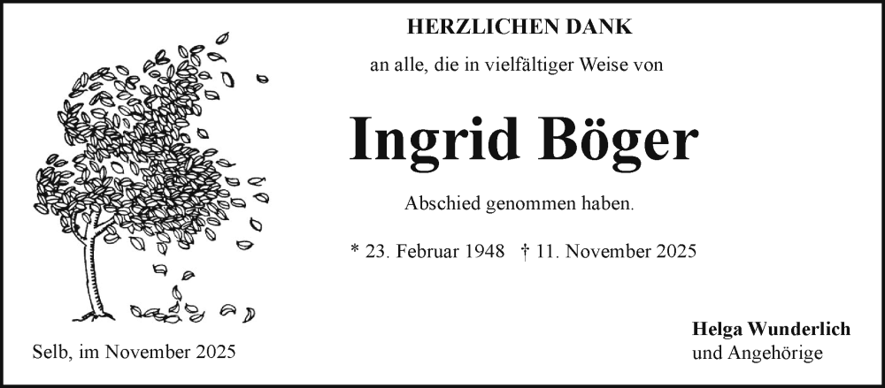  Traueranzeige für Ingrid Böger vom 29.11.2025 aus Frankenpost
