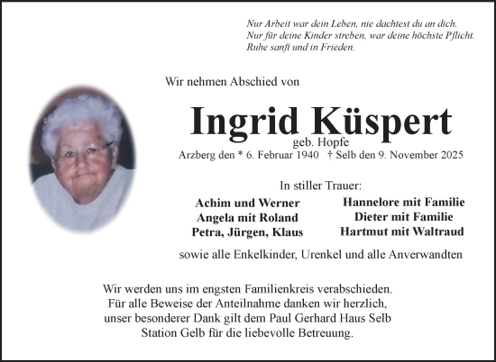 Traueranzeige von Ingrid Küspert von Frankenpost