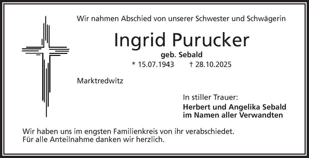  Traueranzeige für Ingrid Purucker vom 08.11.2025 aus Frankenpost