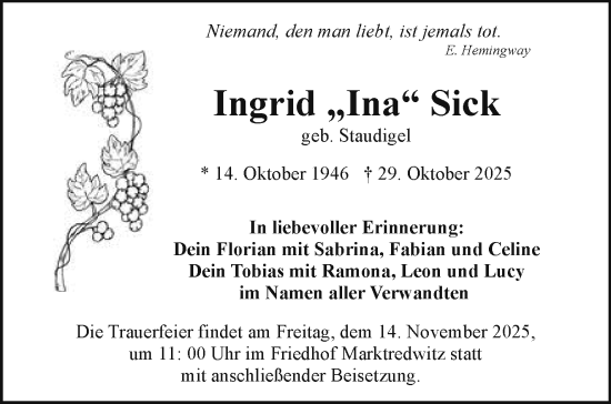 Traueranzeige von Ingrid Sick von Frankenpost