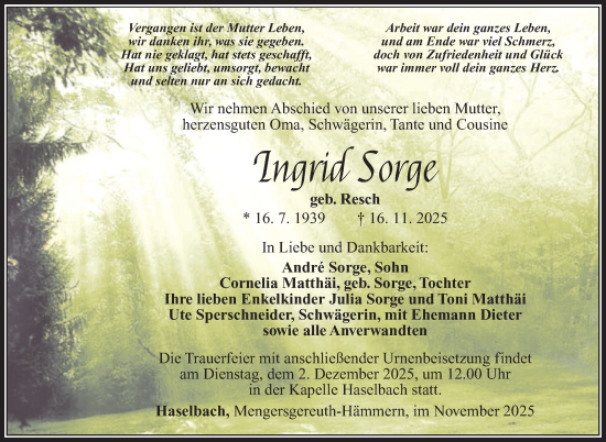 Traueranzeige von Ingrid Sorge von Südthüringer Presse