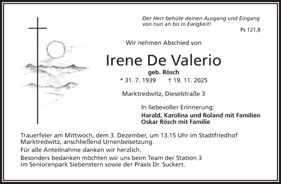 Traueranzeige von Irene De Valerio von Frankenpost