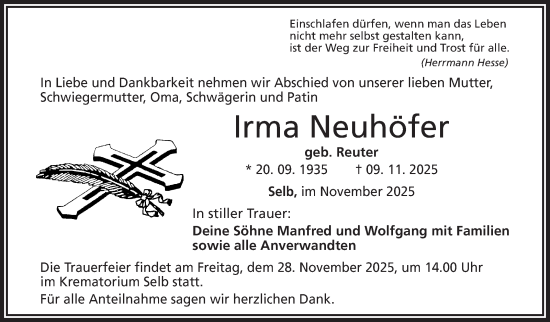 Traueranzeige von Irma Neuhöfer von Frankenpost