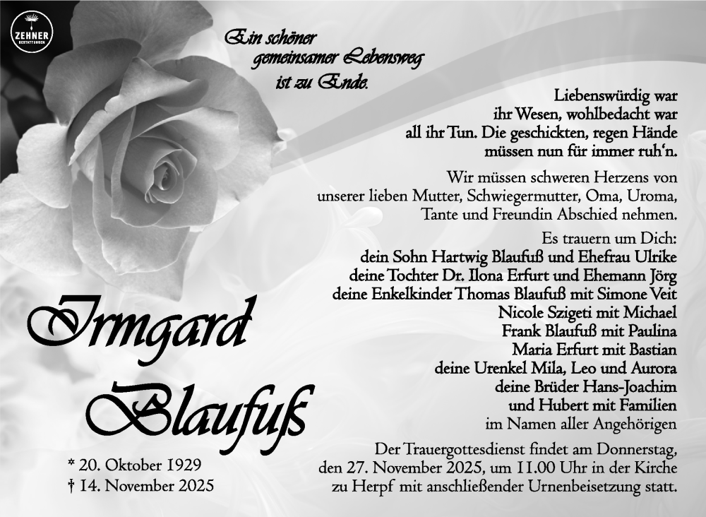  Traueranzeige für Irmgard Blaufuß vom 22.11.2025 aus Südthüringer Presse