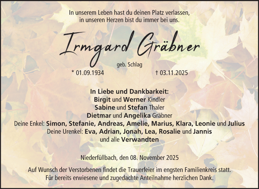  Traueranzeige für Irmgard Gräbner vom 08.11.2025 aus Neue Presse Coburg