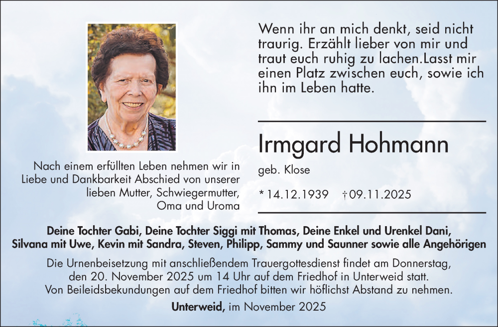  Traueranzeige für Irmgard Hohmann vom 14.11.2025 aus Südthüringer Presse