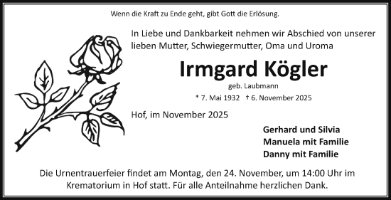 Traueranzeige von Irmgard Kögler von Frankenpost