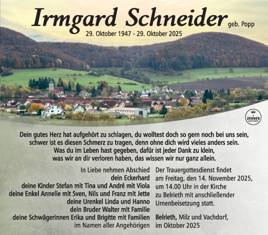 Traueranzeige von Irmgard Schneider von Südthüringer Presse