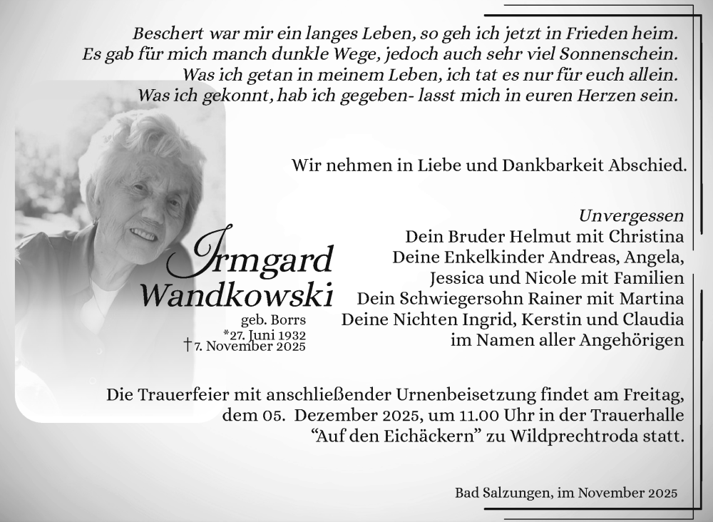  Traueranzeige für Irmgard Wandkowski vom 29.11.2025 aus Südthüringer Presse
