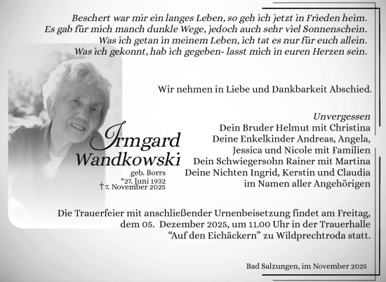Traueranzeige von Irmgard Wandkowski von Südthüringer Presse