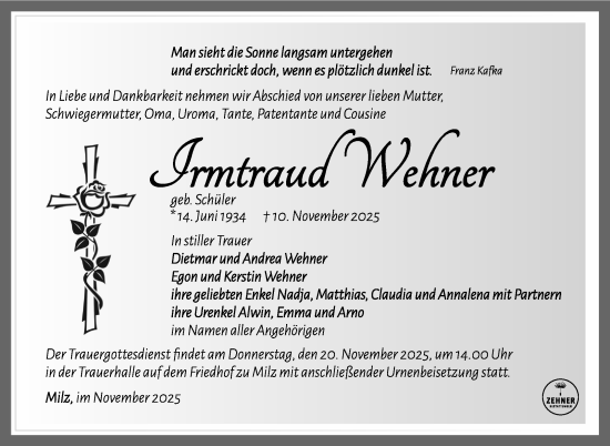 Traueranzeige von Irmtraud Wehner von Südthüringer Presse