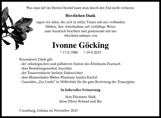 Traueranzeige von Ivonne Göcking von Südthüringer Presse