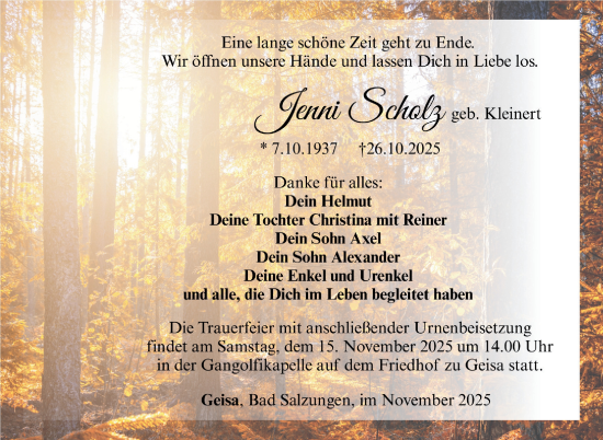 Traueranzeige von Jenni Scholz von Südthüringer Presse