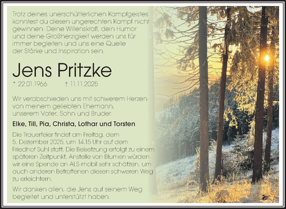  Traueranzeige für Jens Pritzke vom 22.11.2025 aus Südthüringer Presse