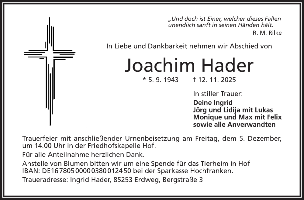  Traueranzeige für Joachim Hader vom 29.11.2025 aus Frankenpost