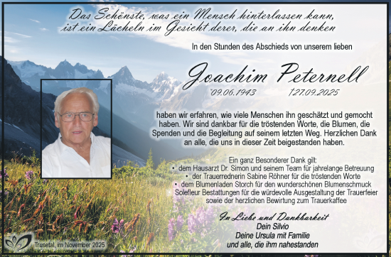 Traueranzeige von Joachim Peternell von Südthüringer Presse