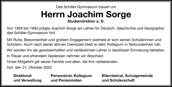 Traueranzeige von Joachim Sorge von Frankenpost