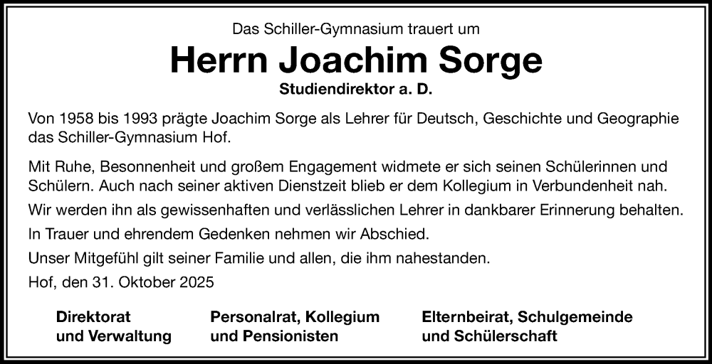  Traueranzeige für Joachim Sorge vom 05.11.2025 aus Frankenpost