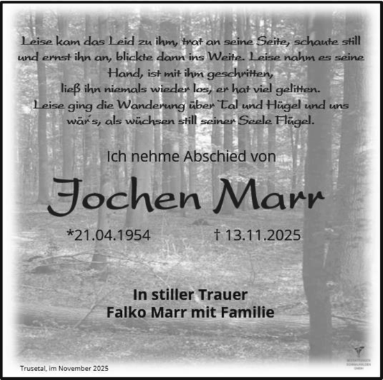 Traueranzeige von Jochen Marr von Südthüringer Presse