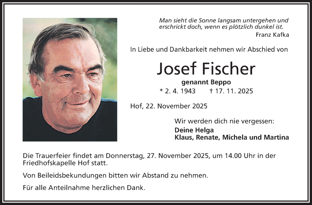  Traueranzeige für Josef Fischer vom 22.11.2025 aus Frankenpost